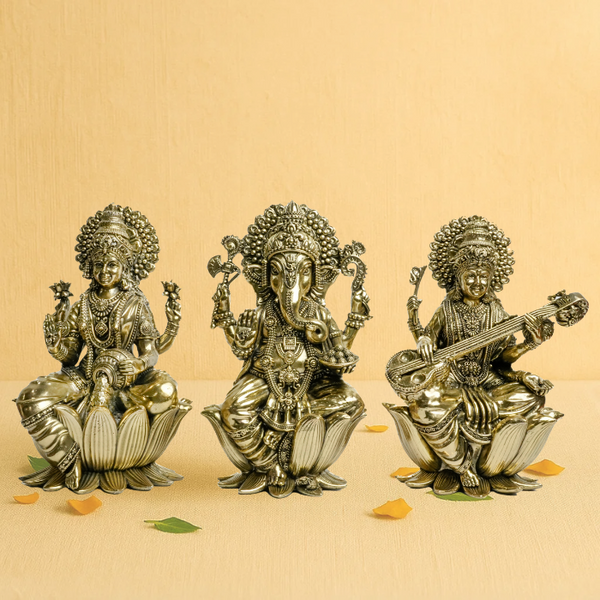 Brass Laxmi Ganesh Saraswati Idol on Lotus 7.5" – Premium Trio for Blessings & Brilliance