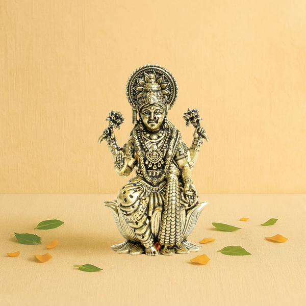Goddess Lakshmi Idol 2.5" – Seated on Lotus with Blessing Hands and Lotus Flowers