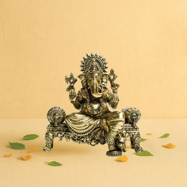 Brass Ganesh sitting on Singhashan 4" – Regal Form of the Vighnaharta
