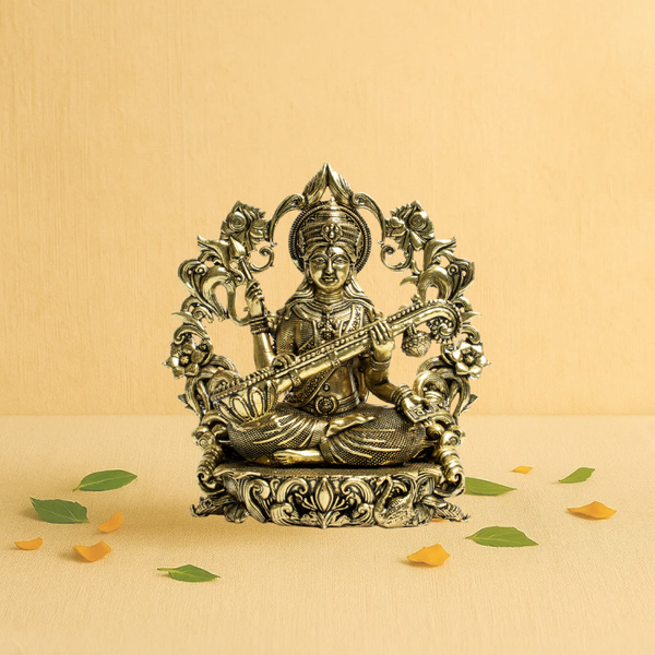 Brass Saraswati seated on Singhashan Idol 4" – Decorative Throne Backdrop