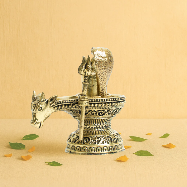 Brass Shivling Featuring Trishul, Nandi & Snake 2.5" – Symbol of Spiritual Strength & Purity