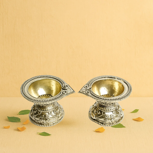 Brass Deepak Pair 1.5" – Traditional Oil Lamps with Floral Base Design