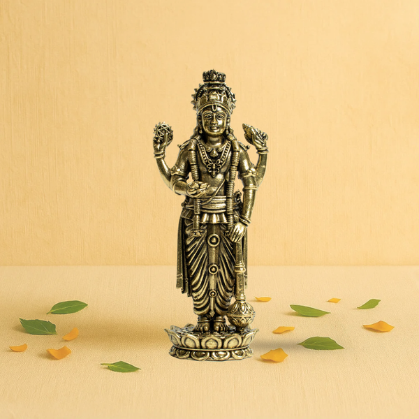 Brass Lord Vishnu Idol 5" - Four-Armed Form on Lotus Base