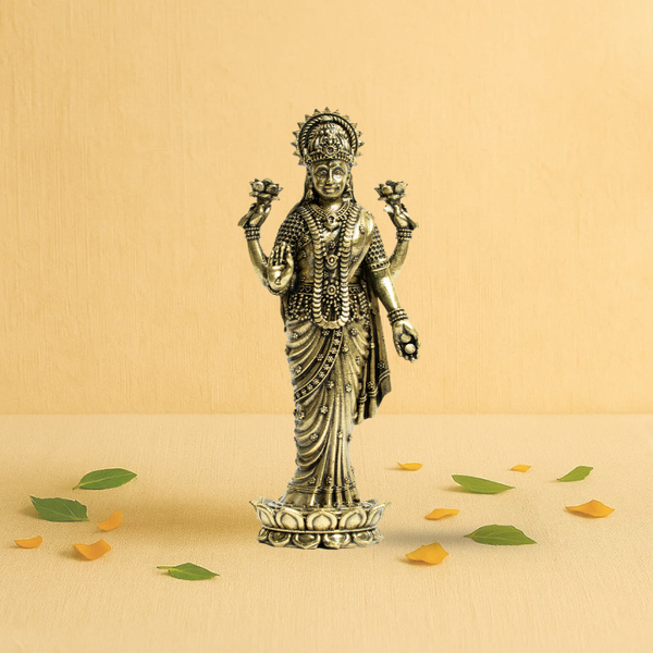 Brass Standing Lakshmi Idol 5" – Blessing Pose with Lotuses