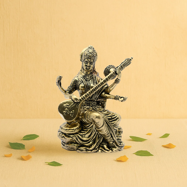 Brass Maa Saraswati on Throne 3" With Veena, Scripture & Rosary