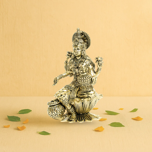 Brass Goddess Lakshmi Idol 4" – With Pot of Gold and Lotus