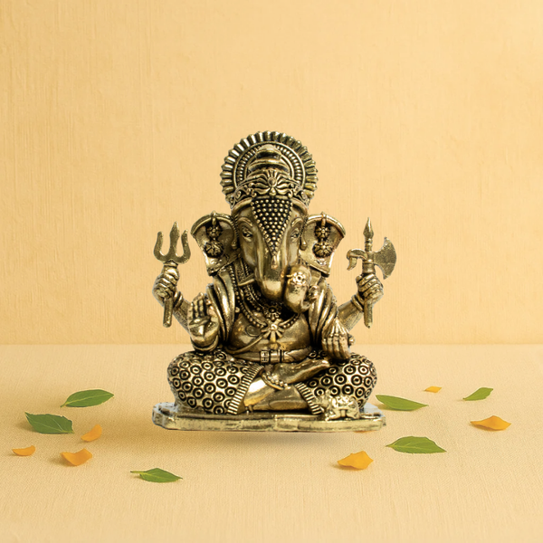 Brass Warrior Ganesha Idol 3" – Armed with Trishul and Parashu