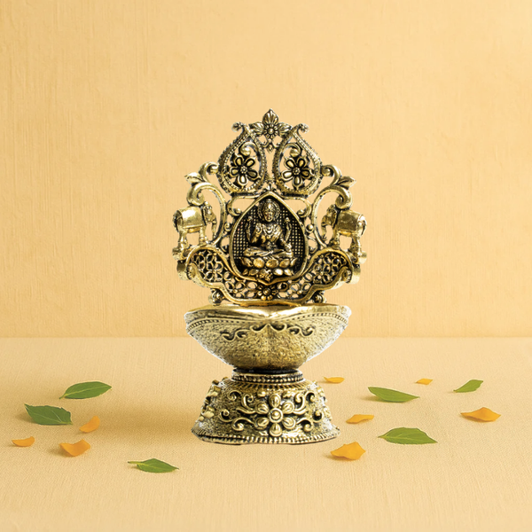 Brass Lakshmi Kamal Deepak Idol 3.5" – With Elephants & Floral Arch