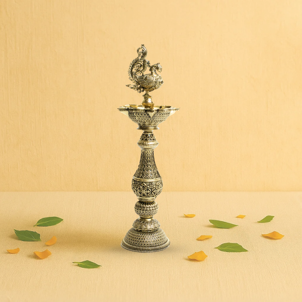 Brass Peacock Samai 8" – Tall Brass Diya of Grace