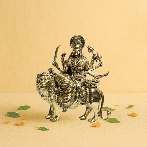 Brass Sherawali Maa Idol 8" – Seated in Royal Posture on Decorated Lion