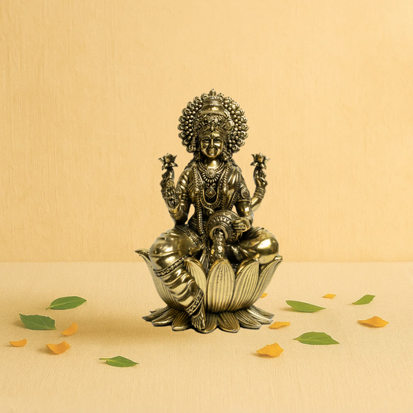Brass Lakshmi Seated on Kamal Idol 7.5" – Seated on Lotus with Coins Flowing