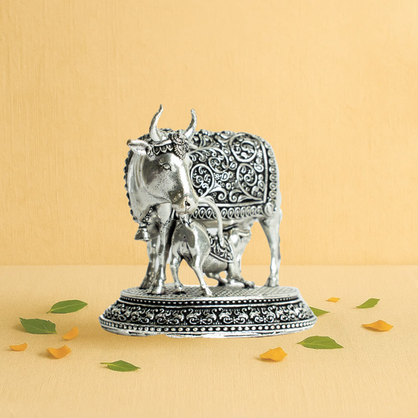 Brass Silver Kamdhenu Cow & Calf 3" – The Nurturer of Abundance