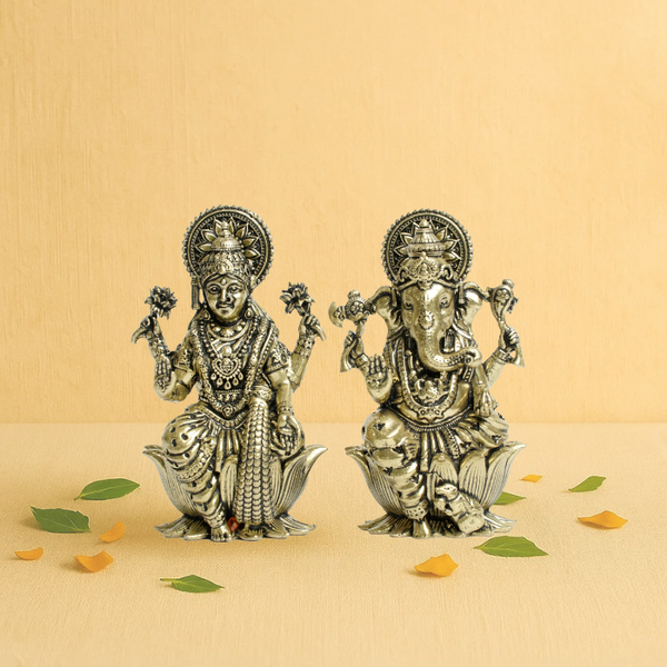 Brass Lakshmi Ganesh Idol on Lotus Base 2.5" – Duo for Prosperity and Auspicious Beginnings