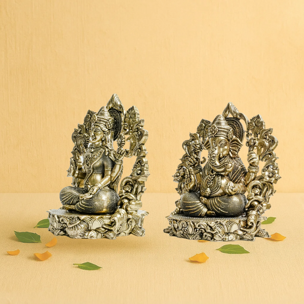 Decorative Arch Brass Lakshmi Ganesh Idol Set 4" – Ornate Blessings for Home and Gifting