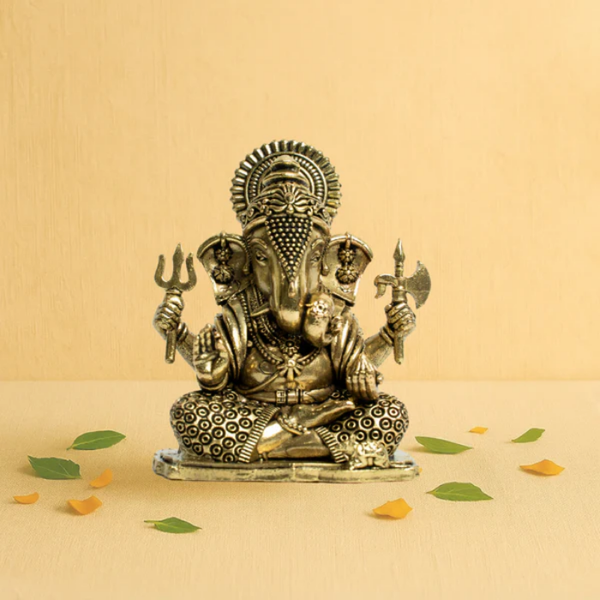 Brass Warrior Ganesha Idol – Armed with Trishul and Parashu